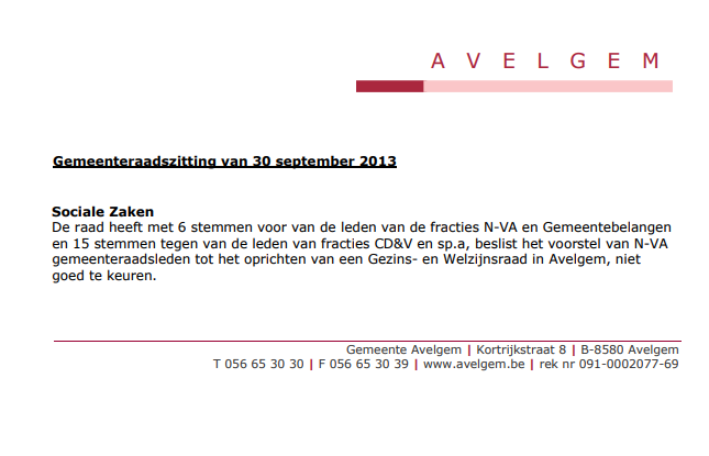 N-VA Avelgem - Voorstel tot oprichten Gezins- en welzijnsraad GR 0 2013 verworpen door CD&V en sp.a